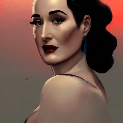 Prompt: closeup portrait of dita von teese, dramatic lighting, city background, sunset, chiaroscuro, complementary contrast high detail, painted by greg rutkowski, painted by igor kieryluk, painted by bobby chiu, trending on artstation