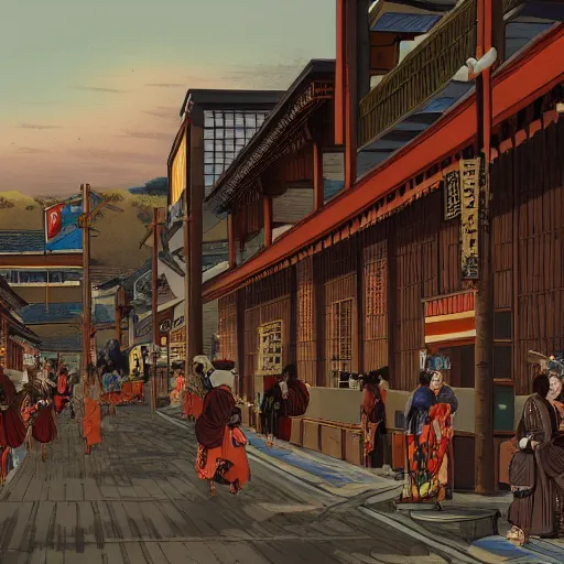 Prompt: Sprawling view of american Western Town with Edo Period Japan design; trending on Artstation