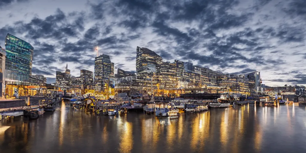 Image similar to high quality night photograph of docklands in london, dimly lit cirrus clouds, long exposure, architecture photography, ultrawide image