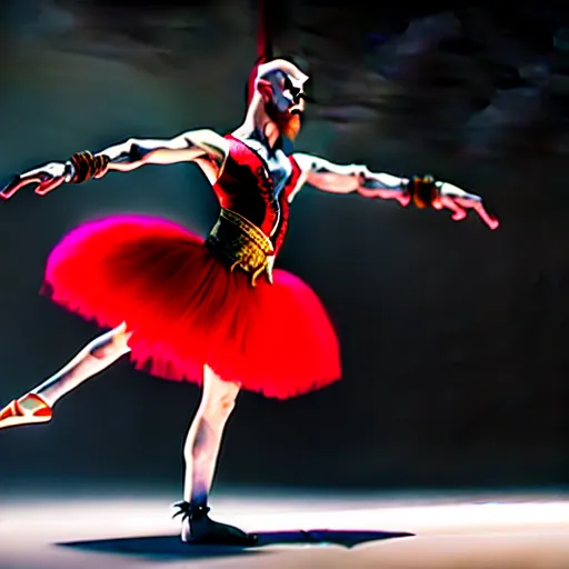Image similar to kratos dancing ballet, wearing a tutu, ultra realistic, intricate details, highly detailed, photorealistic, octane render, 8 k, unreal engine.