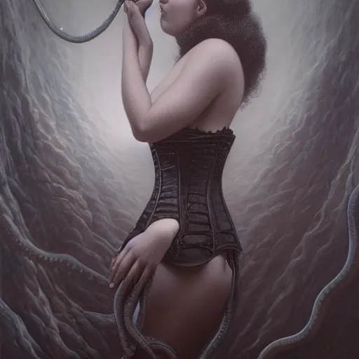 Prompt: by Tom Bagshaw, ultra realist soft painting of lovecraft and giger world of curiosities, single female in a corset, tentacles, partial symmetry accurate features, very intricate details, focus, curvy, award winning, ultra dense fog