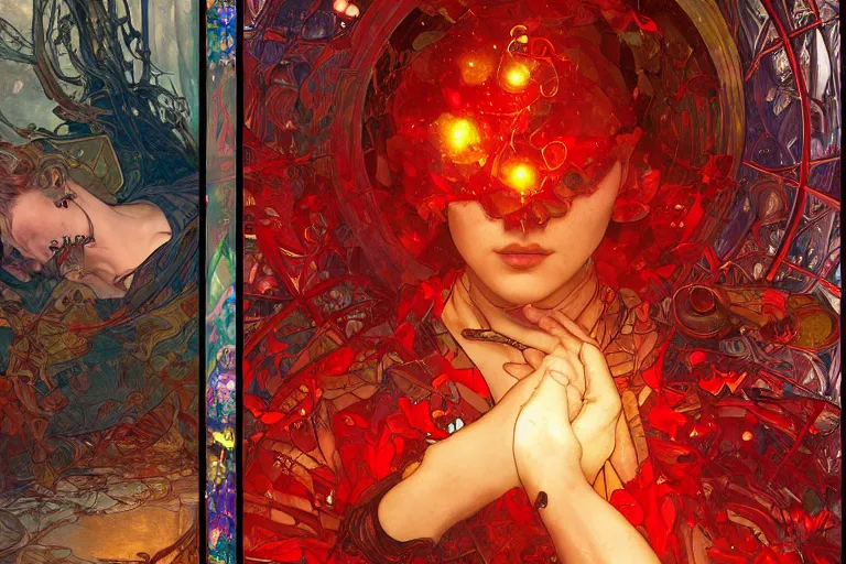 Prompt: arcs of flame, simulation of water splashes, shards of stained glass, dramatic lighting, cyberpunk, secret cypher, red flowers, solar flare, intricate art by John Collier and Albert Aublet and Krenz Cushart and Artem Demura and Alphonse Mucha