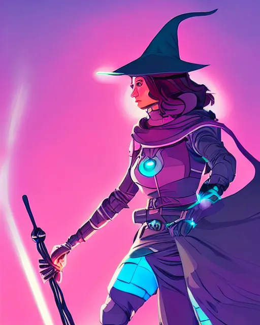 Prompt: A witch wielding a futuristic power staff, digital apex legends illustration portrait, gorgeous lighting, wide angle action dynamic portrait, perspective shot, art by Nick Sullo, Pink and blue palette, high contrast,