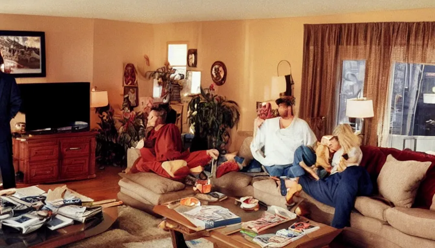 Prompt: 1990s candid 35mm photo of a beautiful day in the living room, cinematic lighting, cinematic look, golden hour, a very large, oversized magical salesman is hanging out of the TV and trying to sell the family a car, salesman is a very large giant, there is an expensive sports car in the living room, portal energy is coming out of the TV, UHD