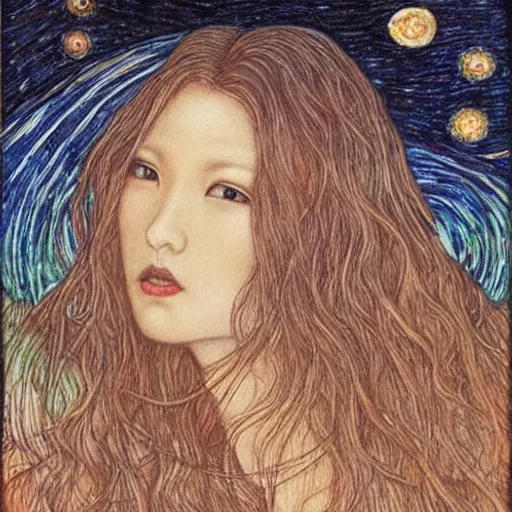 Image similar to by chie yoshii threatening. a beautiful land art of a woman with long flowing hair, wild animals, & a dark, starry night sky.