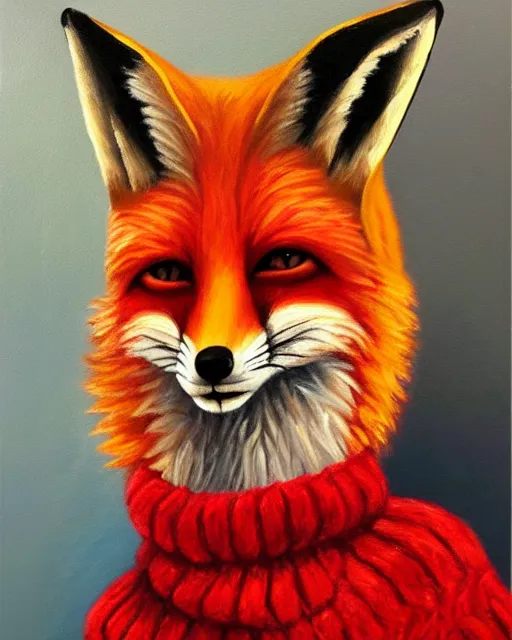 Prompt: oil painting portrait of anthropomorphic female fox animal dressed in sweater and scarf, fox animal, movie studio in background, location movie studio, oil painting,