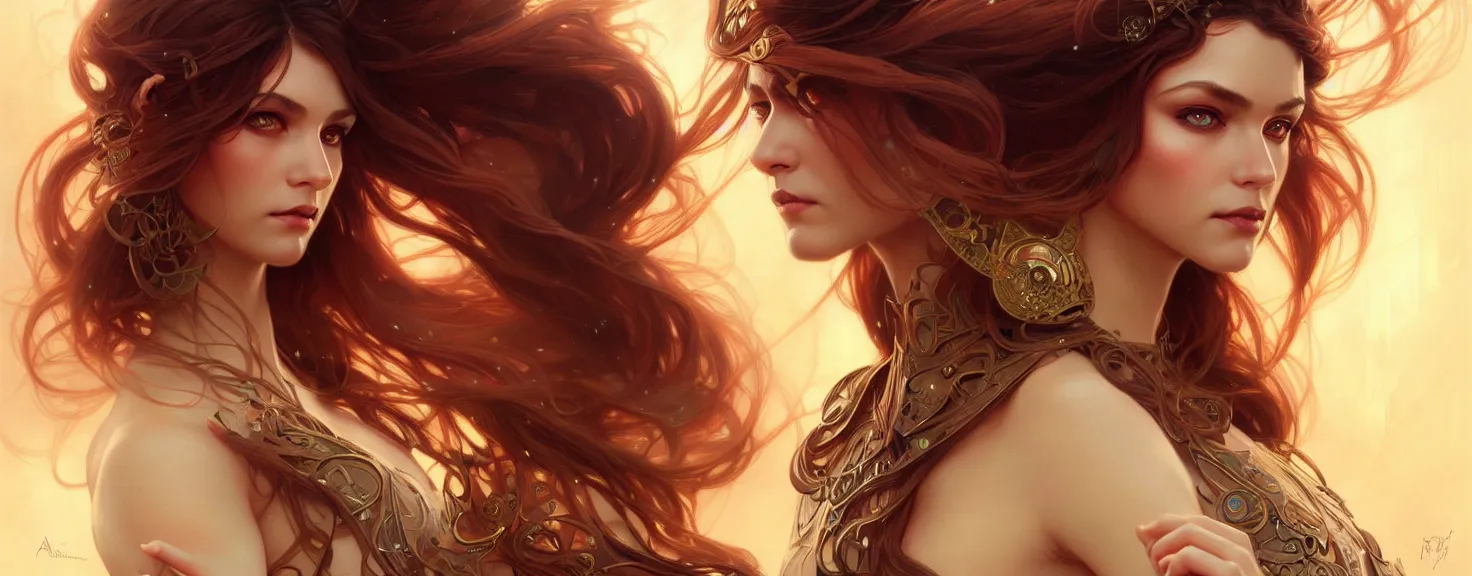 Image similar to fantasy magic woman portrait, sci-fi, amber eyes, face, long hair, fantasy, intricate, elegant, highly detailed, digital painting, artstation, concept art, smooth, sharp focus, illustration, art by artgerm and greg rutkowski and alphonse mucha