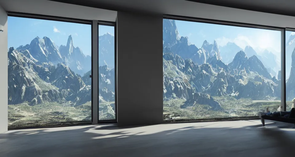 Prompt: looked at big window, architectural, mountains in background, sunny day time, clear sky, futuristic, furnitures, ultra realistic, ultra detailed, cinematic light, anamorphic