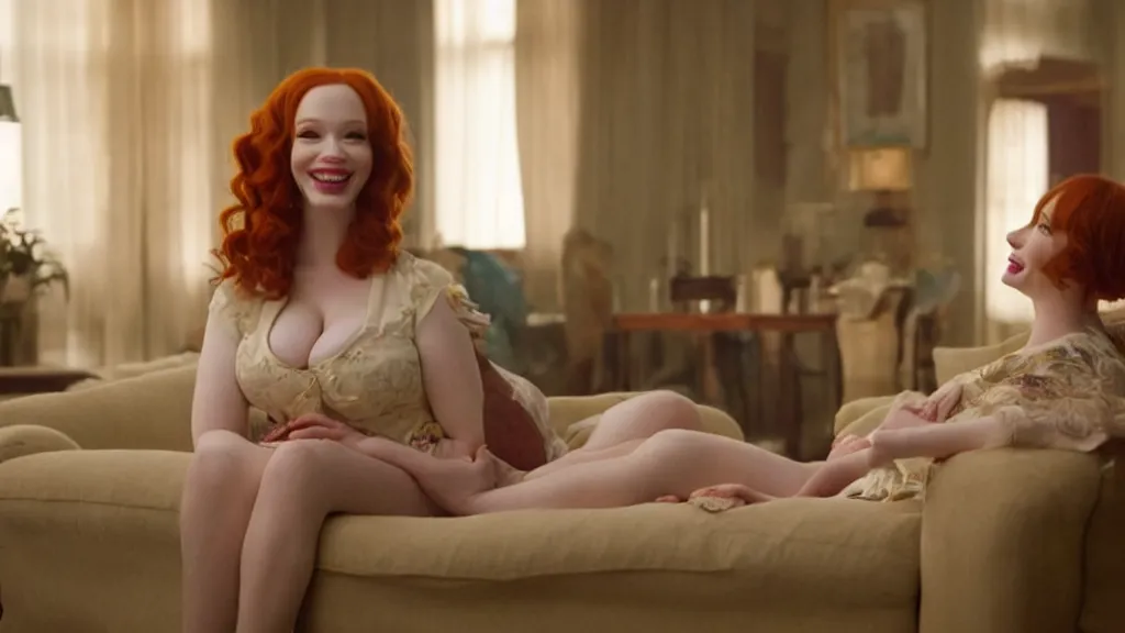 Image similar to a very happy beautiful Christina Hendricks in the living room, film still from the movie directed by Denis Villeneuve with art direction by Salvador Dalí, wide lens