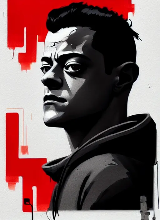 Prompt: highly detailed moody portrait of rami malek, elliot anderson, black hoody by atey ghailan, by greg rutkowski, by greg tocchini, by james gilleard, by joe fenton, by kaethe butcher, gradient red, black and white color scheme, grunge aesthetic!!! ( ( graffiti tag wall background ) )