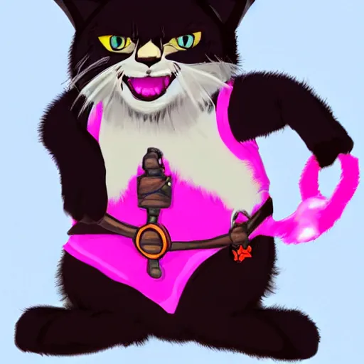 Image similar to a dwarf tabaxi, black fur, wearing pink flip flops, laughing hysterically