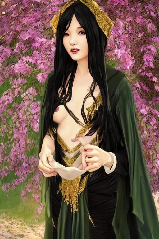 Image similar to eloquent milf elf queen with long black hair, full body portrait, gorgeous, seductive, realistic, silk dress and cloak, silk gloves, digital art, path traced, highly detailed, high quality, lively, sakimi chan, alphonse mucha, leesha hannigan