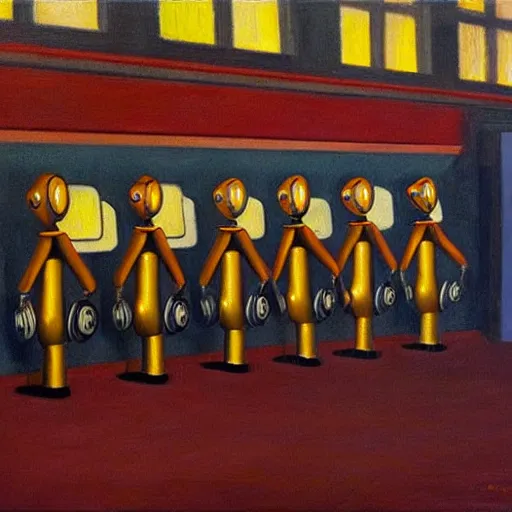 Image similar to robots queue up for daily inspection, grant wood, pj crook, edward hopper, oil on canvas