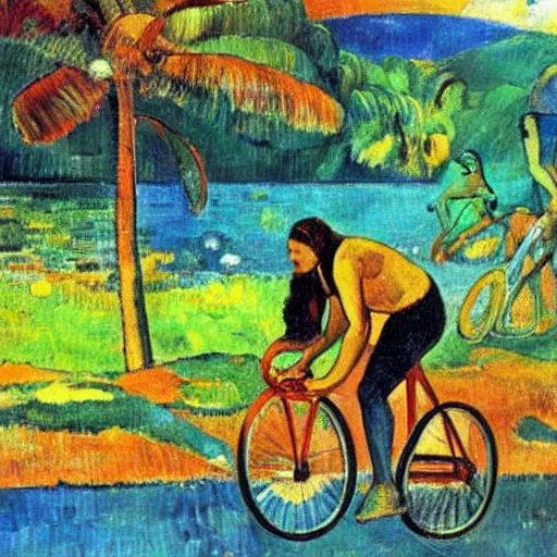 Image similar to painting of a bicycle in french polynesia by gauguin