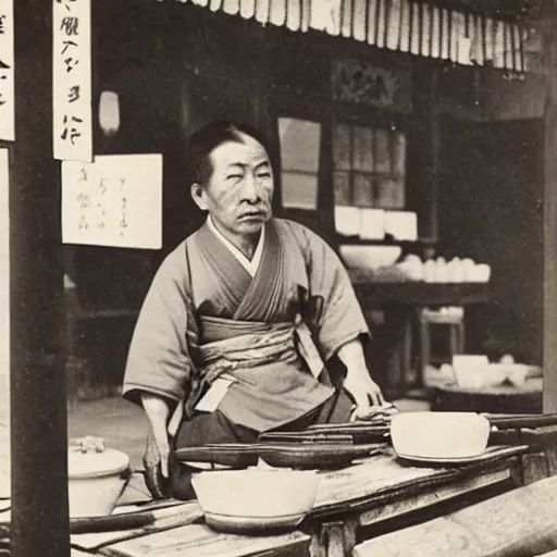 Image similar to Portrait of a 19th century Japanese gyuto trader at a Kyoto street market, 1900s photography