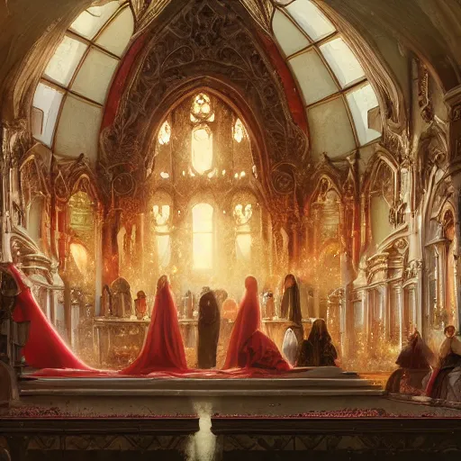 Prompt: a beautiful and detailed matte painting of a lesbian wedding between evil pyromancer and a red mage, unholy union, white church background, god rays, sharp focus, highly detailed, cinematic lighting, 8 k, smooth render, vector illustration, award winning, by adolf hiremy - hirschl and greg rutkowski and alphonse mucha