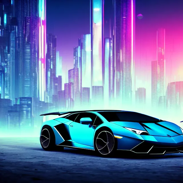 Prompt: epic digital art of photorealistic synthwave lamborghini driving through futuristic neon cyberpunk city towers, faint tall mountains in background, wlop, pixiv, by visualdon