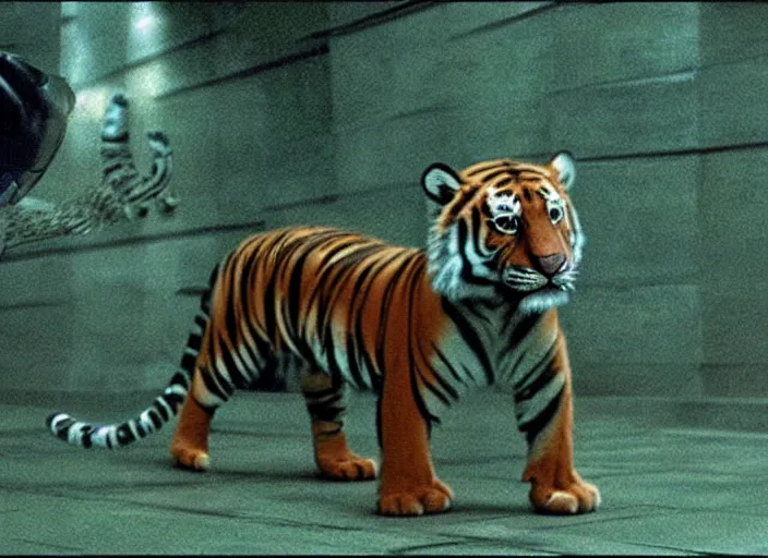 Image similar to hyper realistic, production still of hobbes the tiger playing neo in matrix ( 1 9 9 9 ), 4 k, highly detailed, anamorphic