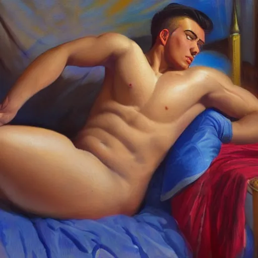 Prompt: photo shot of oiled up glossy 1 8 y. o. muscular genie with blue skin, posing in bed, morning sunlight, greek, dramatic, romantic, detailed, realistic, in style of j. c. leyendecker