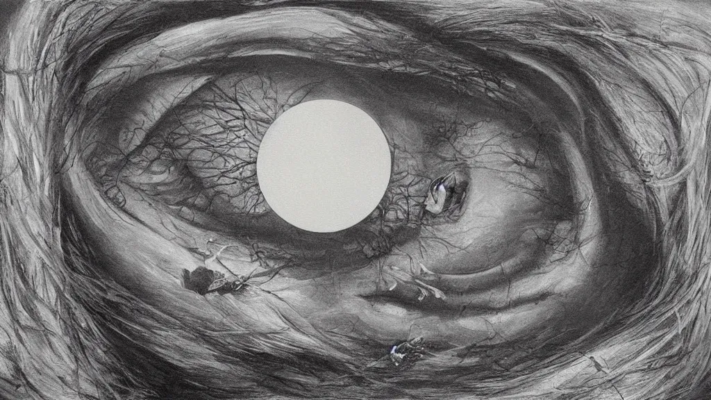 Prompt: a beautiful dreamy painting of a coronavirus inside a glowing high-resolution television screen, dark, face, sinister, detailed, art by M.C. Escher