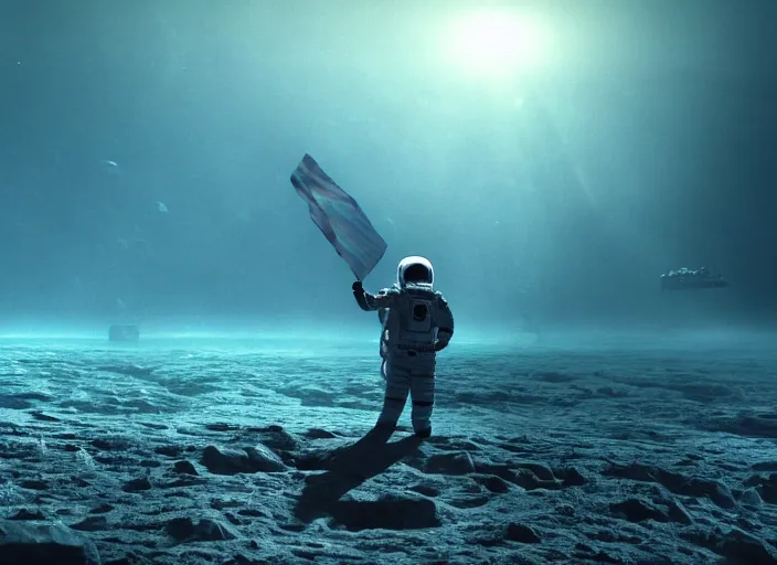 Image similar to astronaut holding a flag in an underwater desert. a submarine is visible in the distance. dark, concept art, cinematic, dramatic, atmospheric, 8 k, trending on artstation, blue, fish, low visibility, light rays, extremely coherent, bubbles, fog, ocean floor, christopher nolan, interstellar