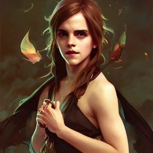 Image similar to emma watson d & d fantasy intricate elegant highly detailed digital painting artstation concept art matte sharp focus illustration hearthstone art by artgerm art by greg rutkowski art by alphonse mucha