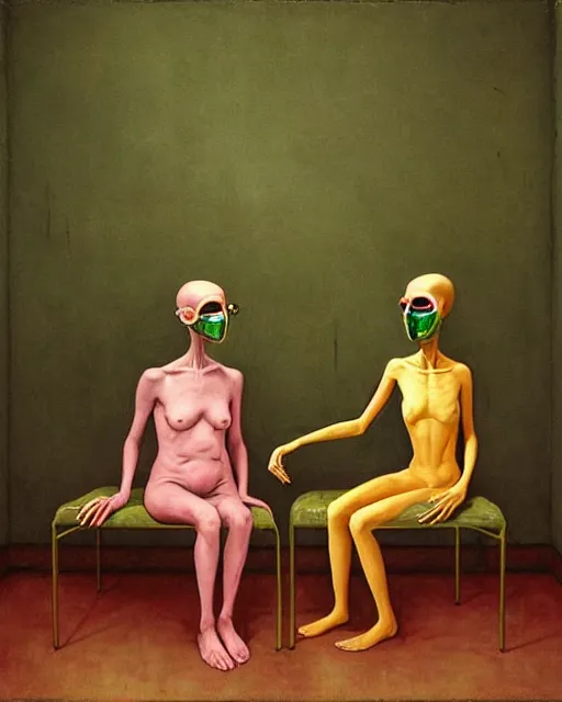 Prompt: Two skinny old figures, wearing gas masks, draped in silky gold, green and pink, inside an abandoned hospital room, they sit on alien chairs, loss in despair, transhumanist speculative evolution, part by James Jean. part by Kati Heck, Esao Andrews, Edward Hopper, surrealism, dark art by Beksinski and Yamamoto
