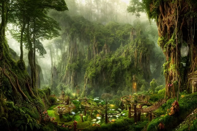 Image similar to a beautiful and highly detailed matte painting of a secret elven garden in a valley in a lush forest in the misty mountains, psychedelic, celtic, intricate details, epic scale, insanely complex, 8 k, sharp focus, photorealism, artstation, cgsociety, by caspar friedrich, albert bierstadt, james gurney, brian froud,