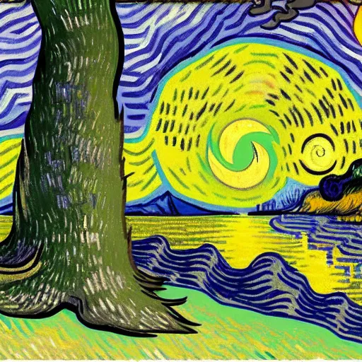 Prompt: view from behind of fluffy baby grey wolf sitting on the shore of a pond, looking out at a sunset, award winning illustration by vincent van gogh