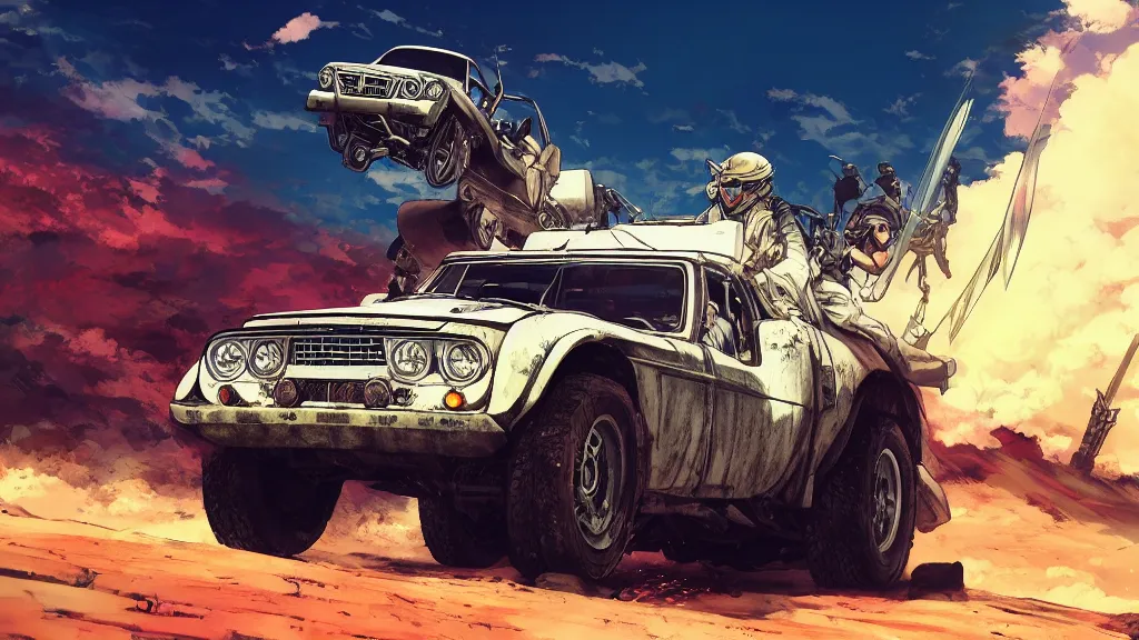 Prompt: anime illustration of mad max's fj 4 0 pursuit special riding fury road eternal shiny and chrome, world of fire and blood, the last v 8 interceptor driving down to the gates of valhalla highway, by makoto shinkai, ilya kuvshinov, lois van baarle, rossdraws, basquiat, global illumination ray tracing hdr