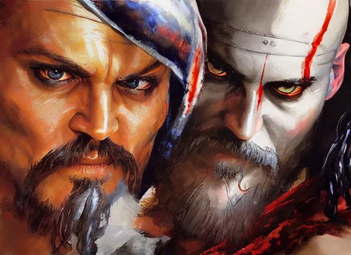 Prompt: a highly detailed beautiful portrait of johny depp as kratos, by gregory manchess, james gurney, james jean