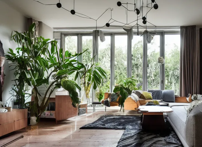 Image similar to interior design of a living room, inspired by brutalism, lots of plants, star - shaped windows