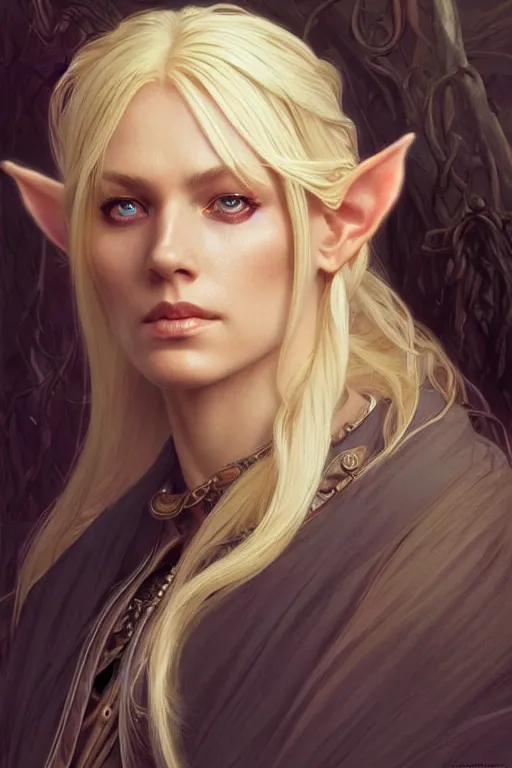 Image similar to portrait of an old blonde elven mage, dark, piercing eyes, gentle expression, elegant clothing, photorealistic, highly detailed, artstation, smooth, sharp focus, art by michael whelan, artgerm, greg rutkowski and alphonse mucha