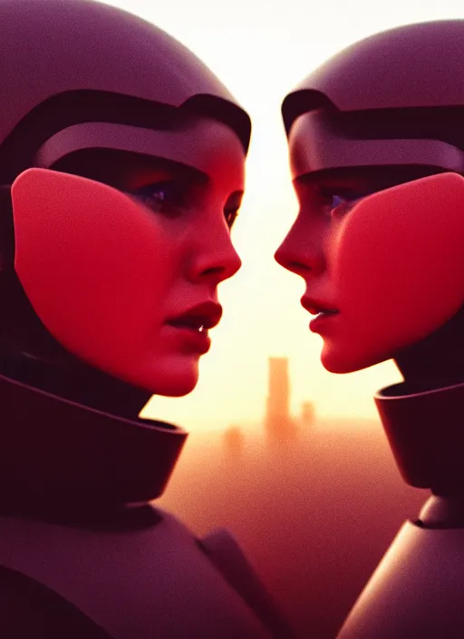 Prompt: cinestill 5 0 d photographic portrait of two loving female androids wearing rugged black techwear on a desolate plain with a red sky in front of a brutalist structure, extreme closeup, cyberpunk style, dust storm, 8 k, hd, high resolution, 3 5 mm, f / 3 2, ultra realistic faces, ex machina