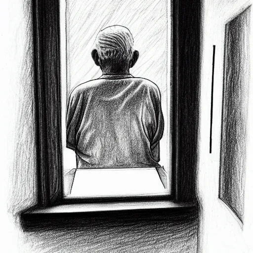 Image similar to pencil drawing of an old man in a nursing home looking out the window and remembering his youth, artistic illustration, stylized, detailed