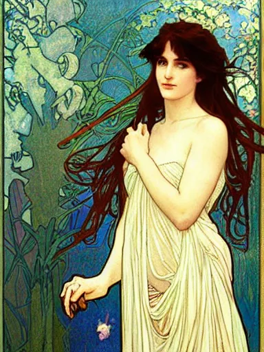 Image similar to a beautiful painting of young winona ryder by Alphonse Mucha and by Mark Brooks and by john william waterhouse and by arthur rackham, Art Nouveau, Neo-Gothic, gothic, award winning painting, hyperdetailed, detailed