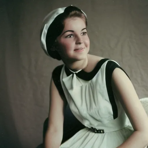 Image similar to a vintage 1 9 6 0 s kodachrome slide of a portrait of a young lady posing in a photographer's studio. she is wearing a white - collared dress in the fashion of the 1 9 6 0 s.