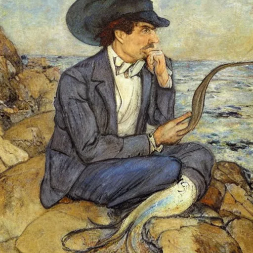 Image similar to male sherlock holmes mermaid with a big tail and sitting on a stone at the bottom of the sea in the style of jules bastien - lepage