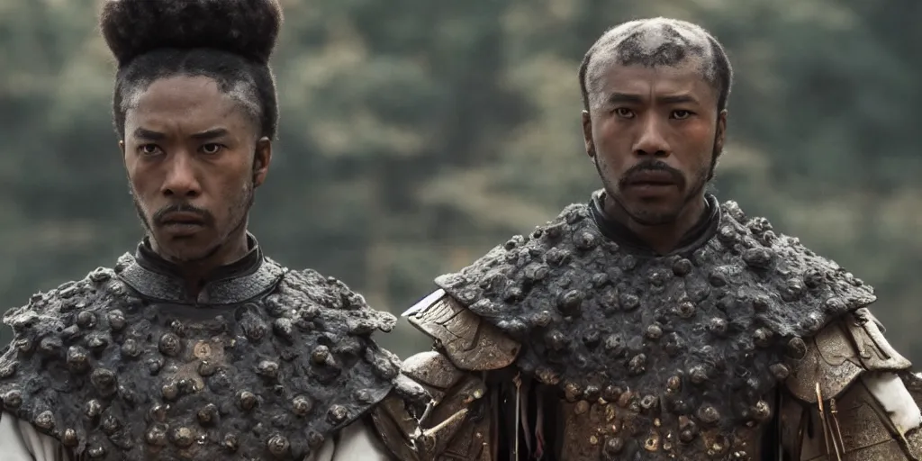 Image similar to a film still of a black man starring in a japanese blockbuster film as an ancient samurai, shallow depth of field, cinematic, award winning cgi, vfx, film still