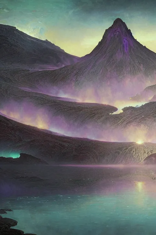 Image similar to Concept Digital Art Highly detailed Alien Deco, Riza 4, lake inside of mount Vesuvius with glowing purple water at midnight, starfleet shore leave, by greg rutkowski, alphonse mucha, and Edmund Blair Leighton. Very highly detailed 8K, exquisite rendering, octane, drum scanner, Digital painting, the golden ratio, rational painting, sharp