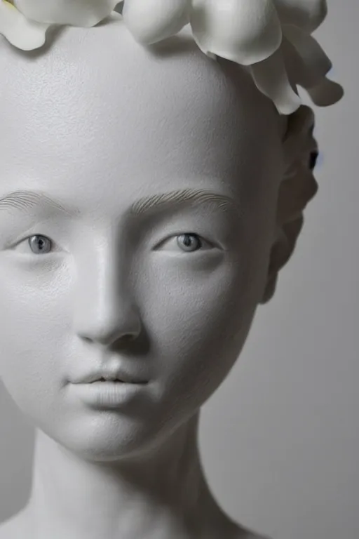 Prompt: full head and shoulders, beautiful female porcelain sculpture by daniel arsham and raoul marks, smooth, all white features on a white background, delicate facial features, twenty black eyes, white lashes, detailed white 3 d giant poppies on the head