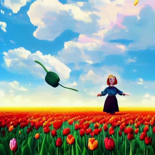 Image similar to dutch girl with singular giant tulip as a head, surreal photography, flower field, sunset dramatic light, impressionist painting, colorful clouds, blue sky, digital painting, artstation, simon stalenhag