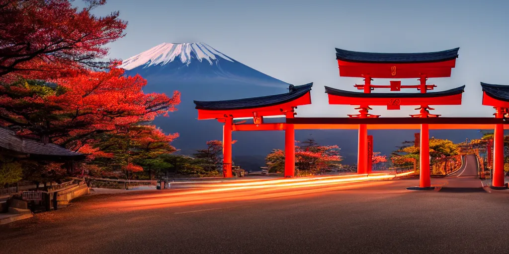 Image similar to A night photo of a american yellow school bus entering a Red Japanese Torii gate at Mount Fuji location in Japan, time travel, 4K, global illumination, ray tracing, octane render