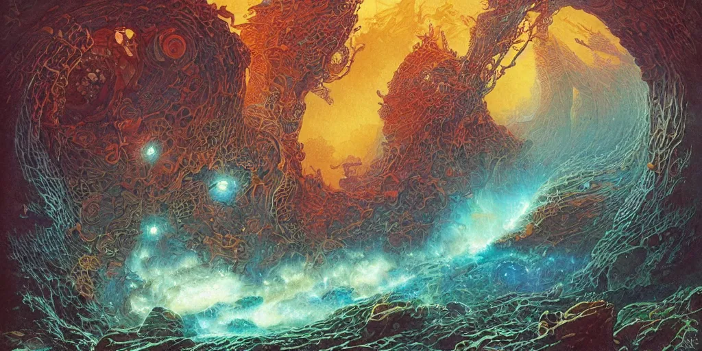 Image similar to cambrian explosion of creativity, wonderful masterpiece by moebius and mohrbacher and bruce pennington