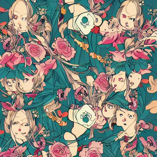 Image similar to anime manga closeup floral details comic patterns vector illustration style by James Jean pop art nouveau