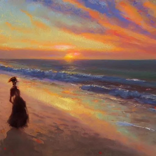 Prompt: Beautiful portrait of Kirisame Marisa at sunset on the beach, touhou project, oil painting by Antoine Blanchard, sold at an auction, oil on canvas, official artwork , wide strokes, pastel colors, soft lighting