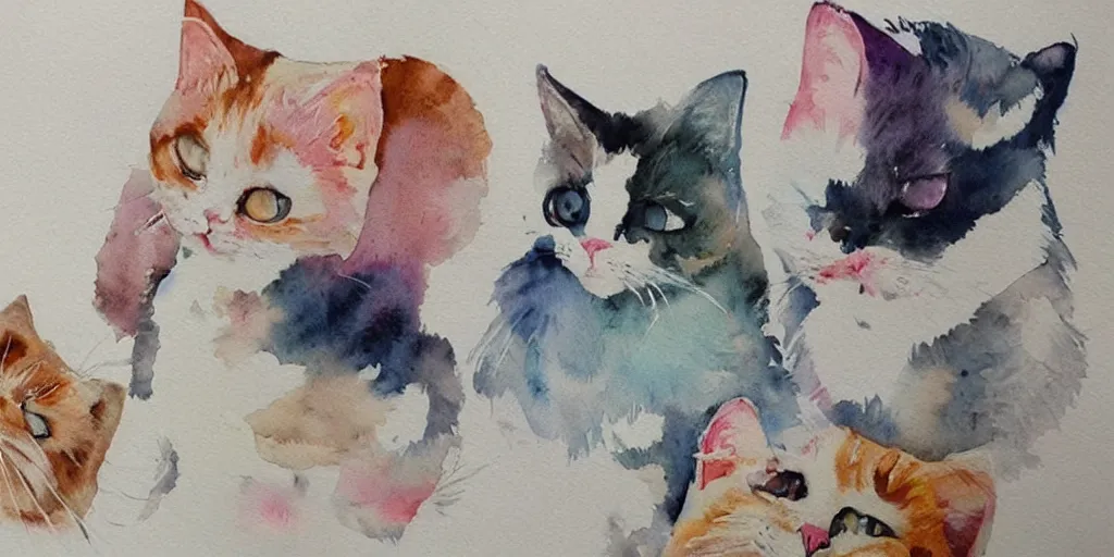 Image similar to watercolor illustration style, cute! cats!!! watch news