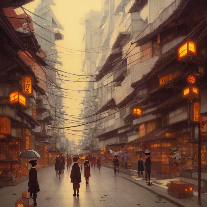 Image similar to empty tokyo, autumn, in the style of studio ghibli, j. c. leyendecker, greg rutkowski, artem