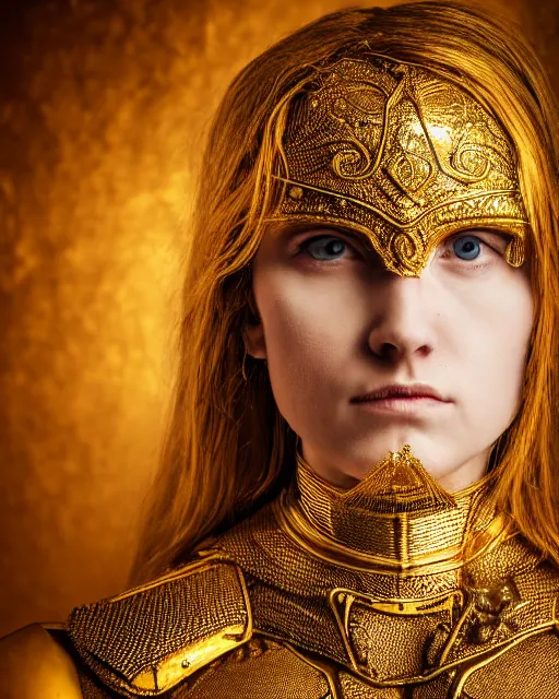 Image similar to award winning photograph portrait of woman in shining golden armor, high production value, intricate details, high resolution, hdr, high definition, masterpiece, realistic, ultrarealistic, highly detailed, hd, sharp focus, non blurry, sharp, smooth