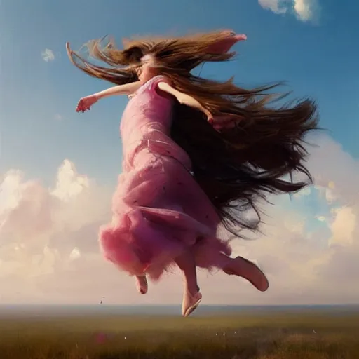 Image similar to girl with long brown hair flying through the sky between fluffy pink clouds, Greg Rutkowski, dynamic lighting, cheerful, award-winning oil painting,